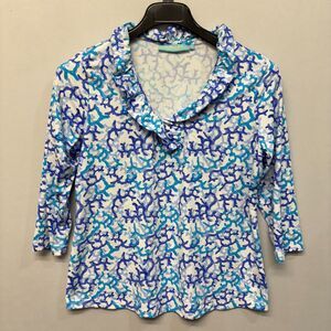 Anthony's Resort Wear Women 3/4 Sleeve Top Shirt Size Medium Floral Blue D012 30